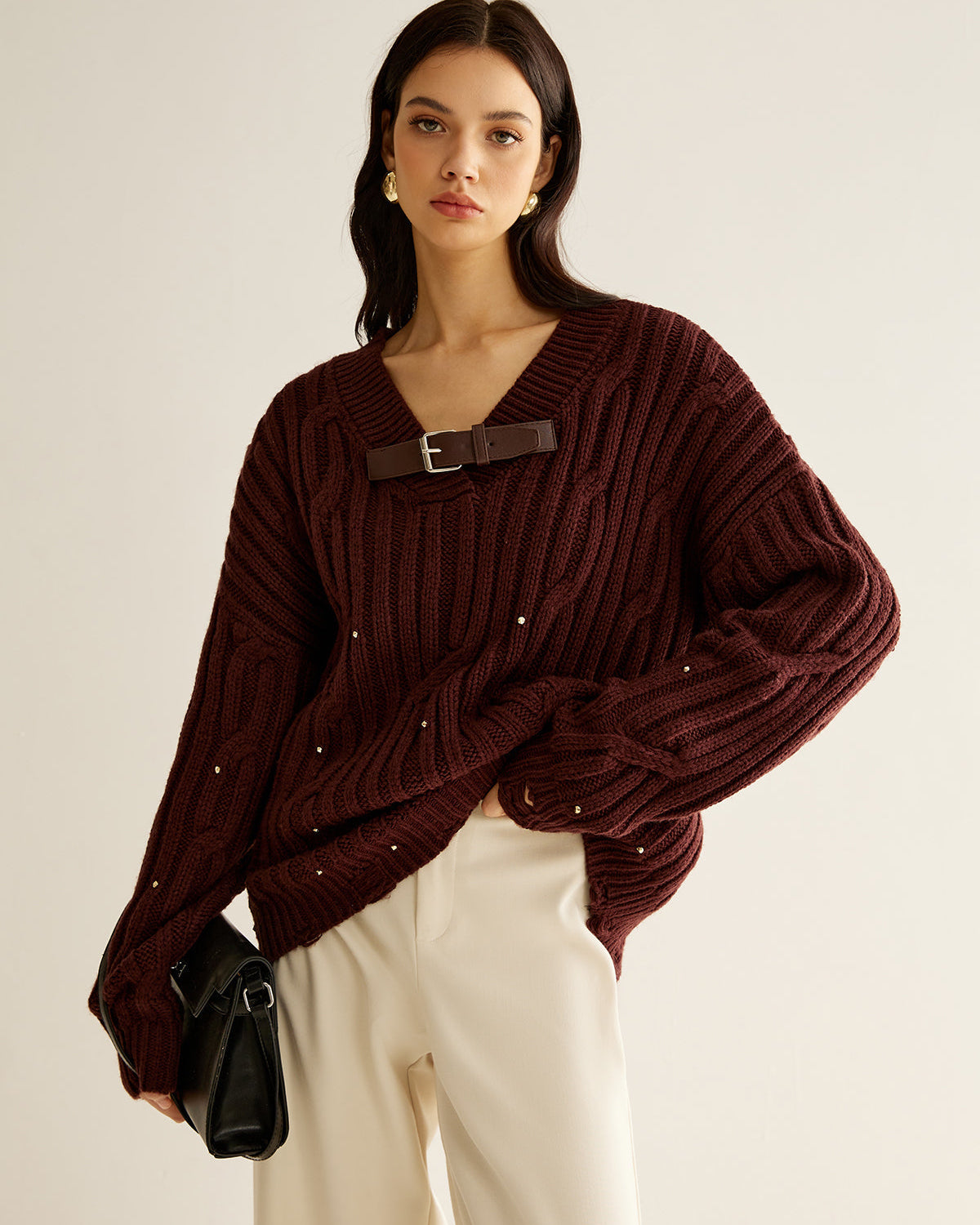 Tokalı Kemerli Boncuklu Triko Kazak