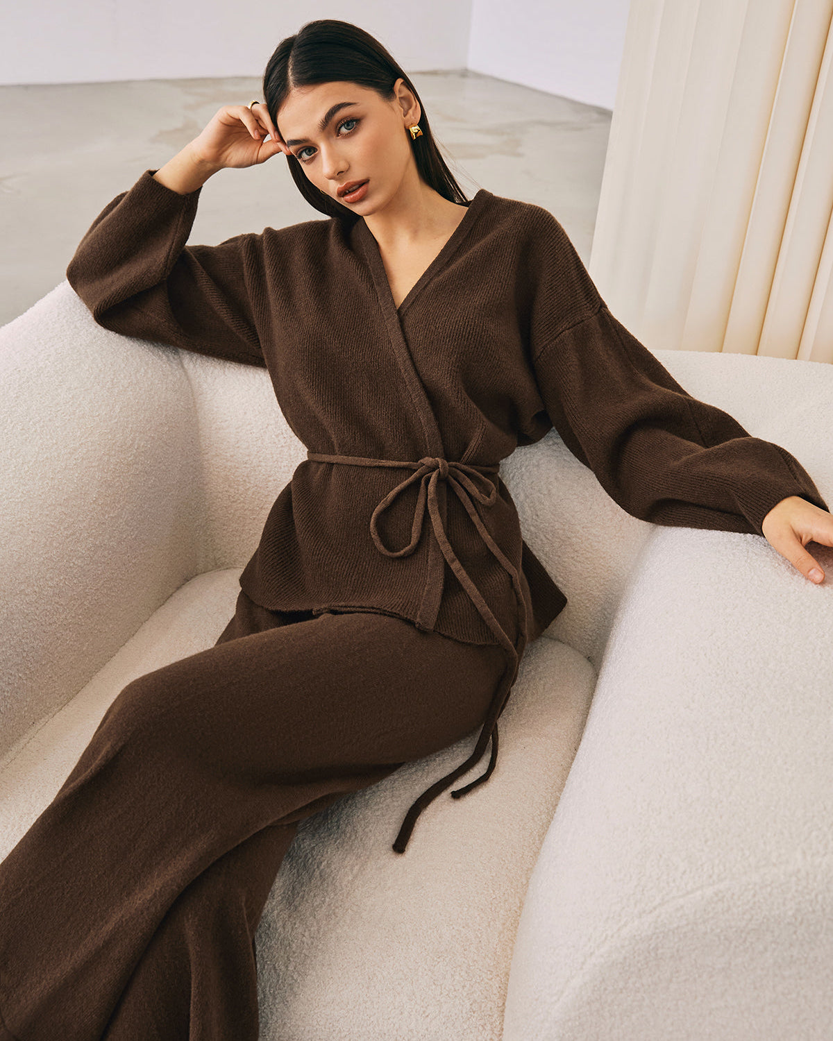 Kușaklı Sarmal Triko Pantolon Takımı