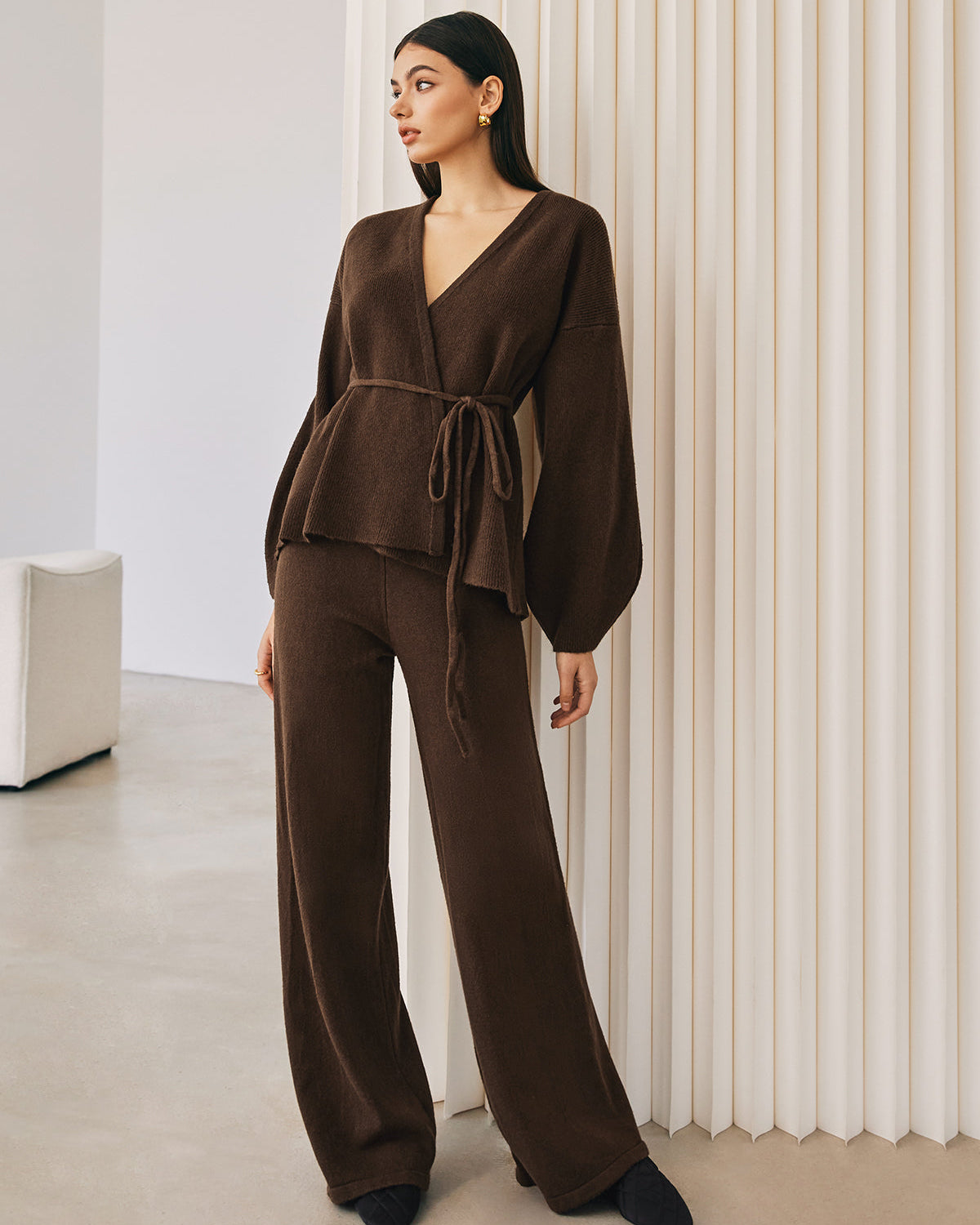 Kușaklı Sarmal Triko Pantolon Takımı