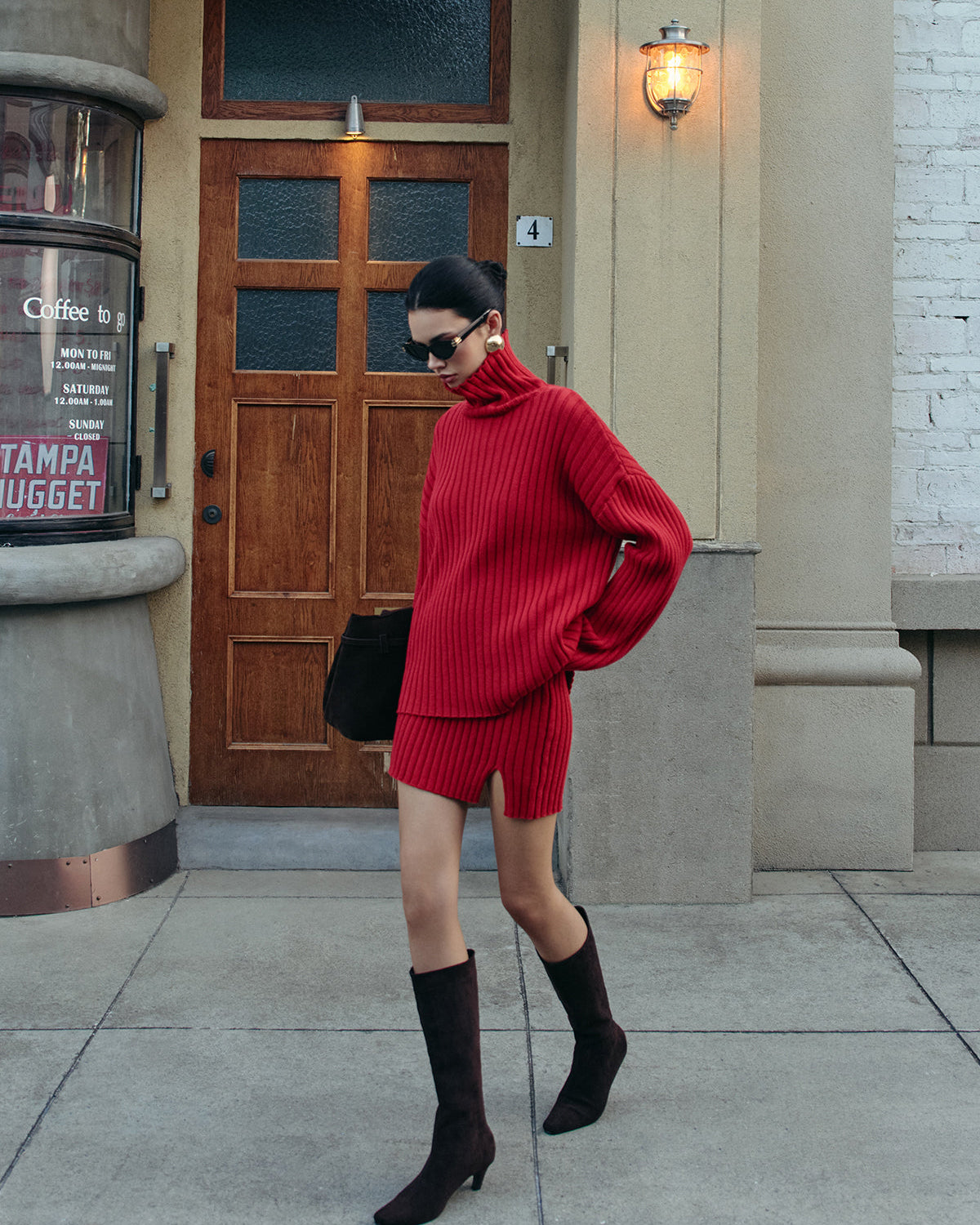 Düz Fitilli Yırtmaçlı Triko Etek Takımı