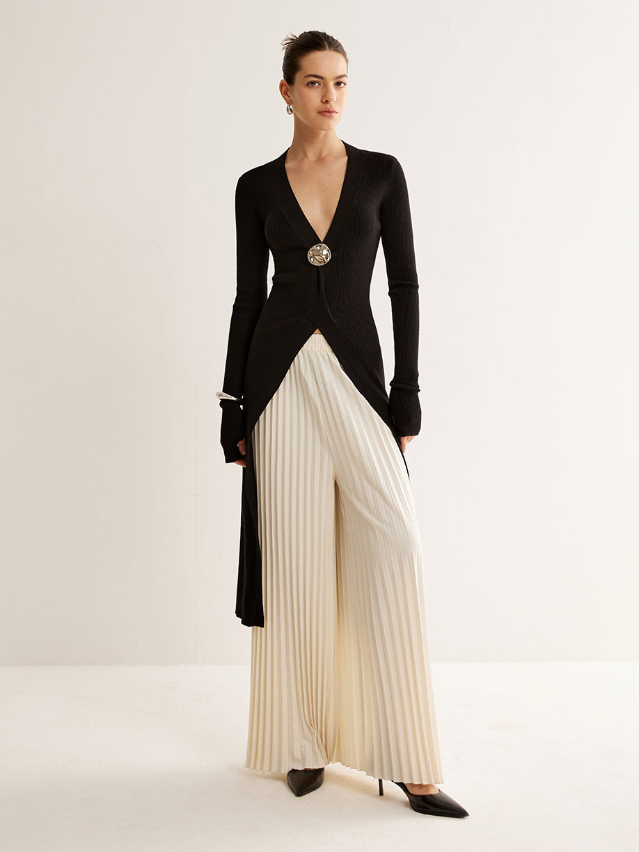 Metal Detaylı Yırtmaçlı Triko Uzun Bluz