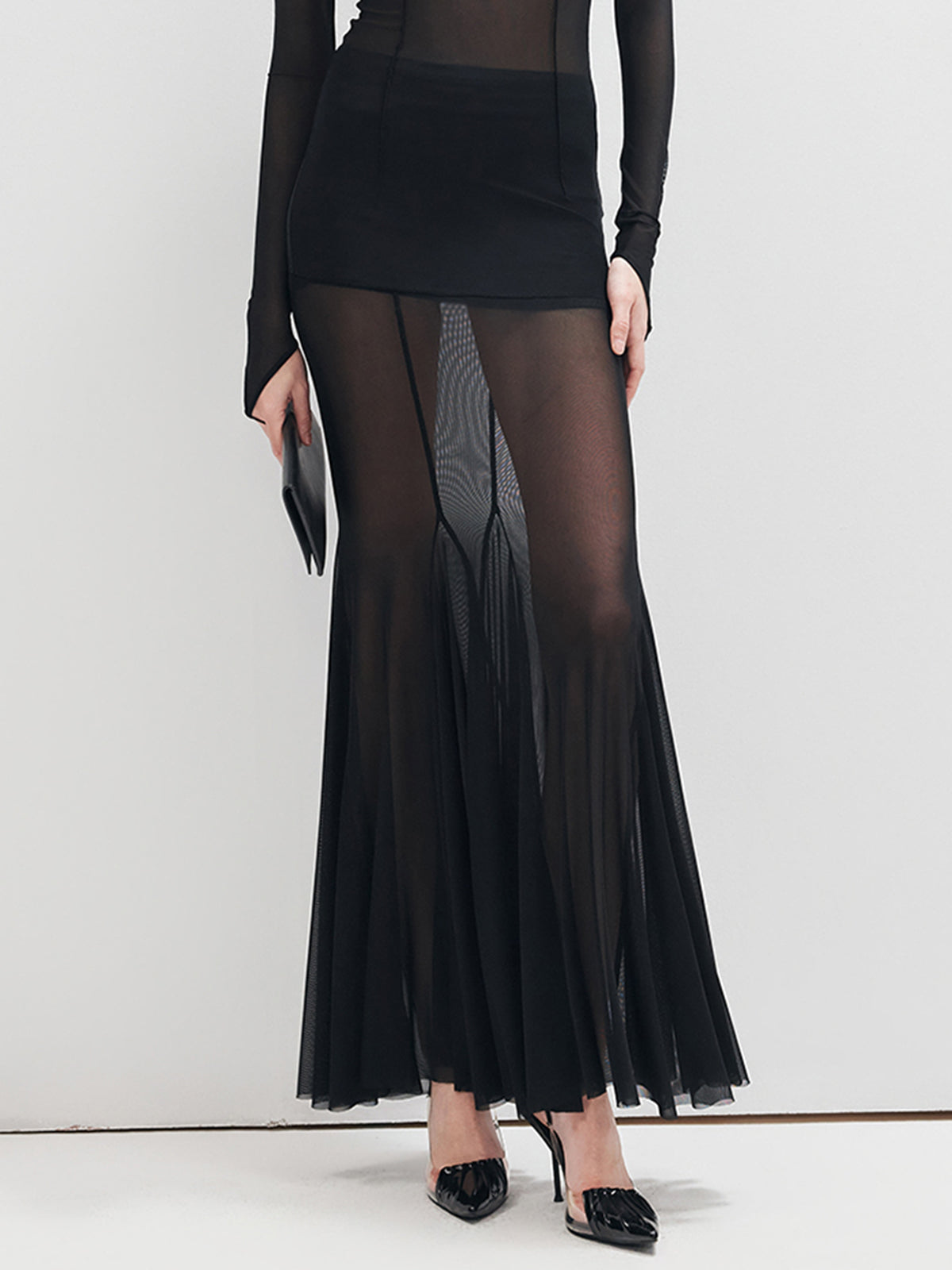 Fırfırlı Şeffaf Panelli Maxi Etek