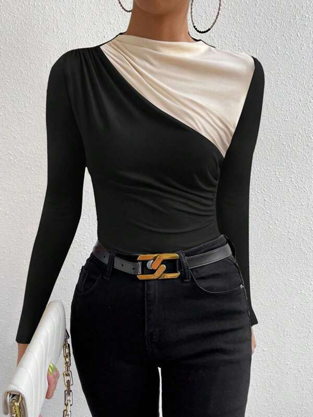 Renk Bloklu Uzun Kollu Bluz