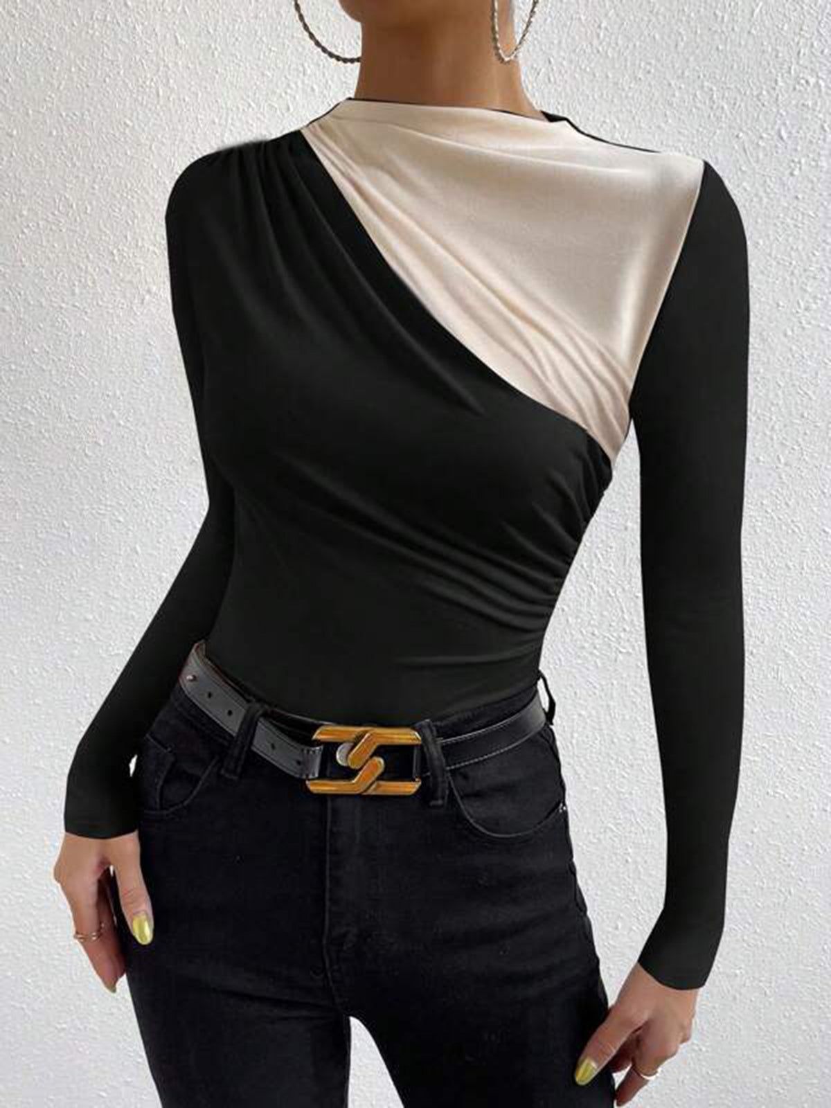 Renk Bloklu Uzun Kollu Bluz