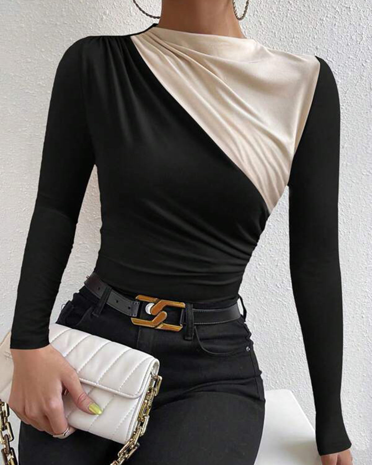 Renk Bloklu Uzun Kollu Bluz