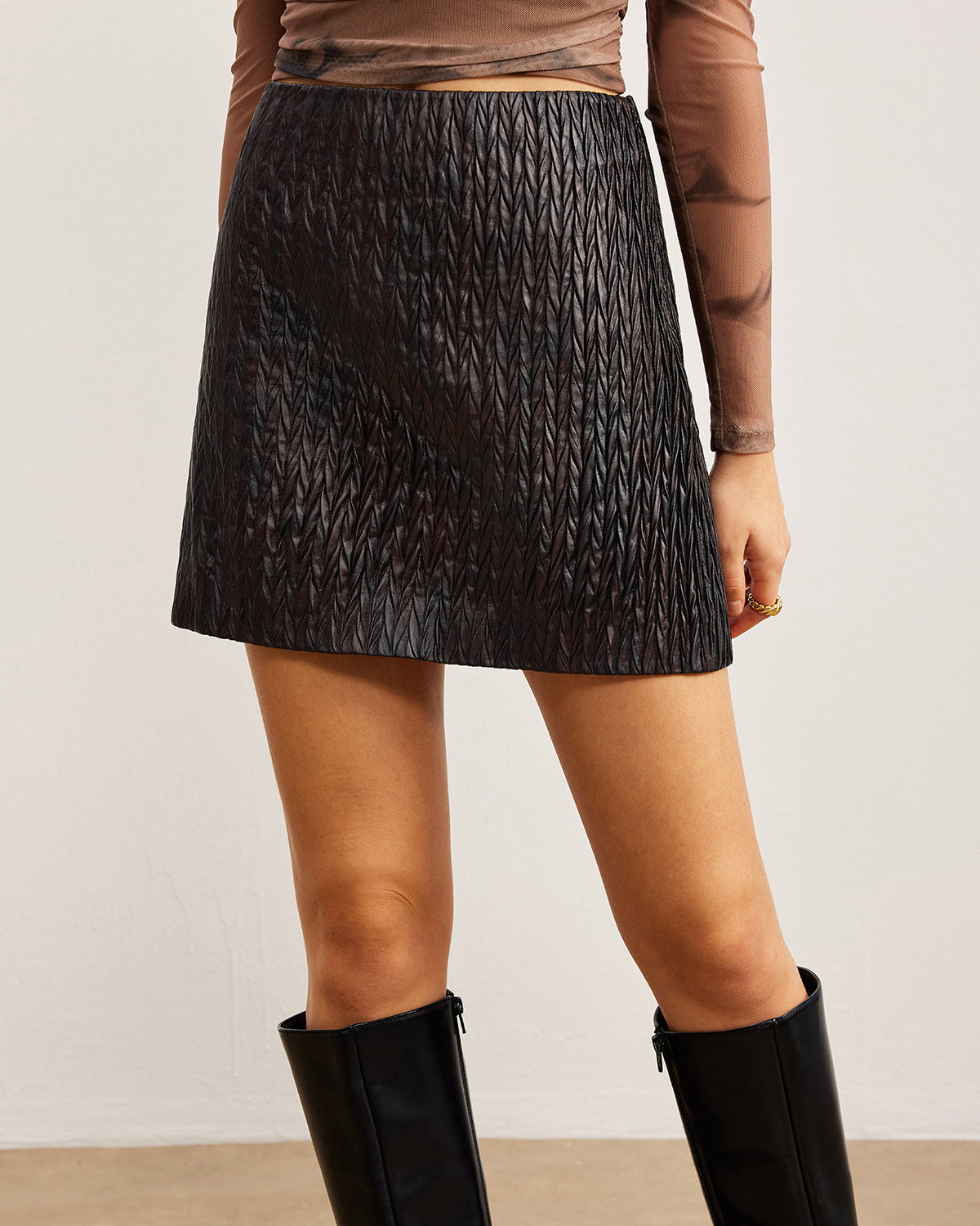 Dokulu Suni Deri Fermuarlı Etek