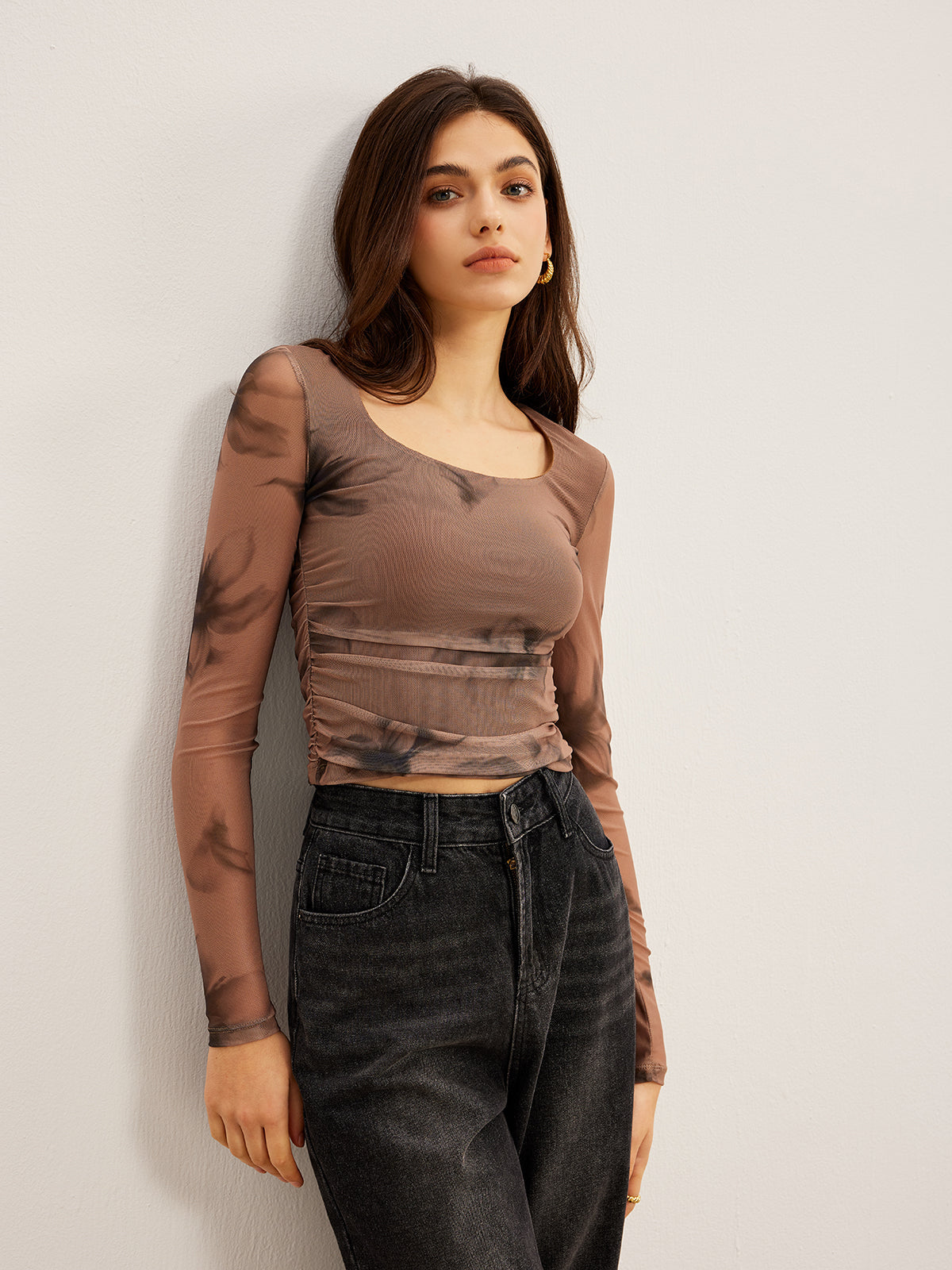 Batık Desenli Çiçek Baskılı File Bluz