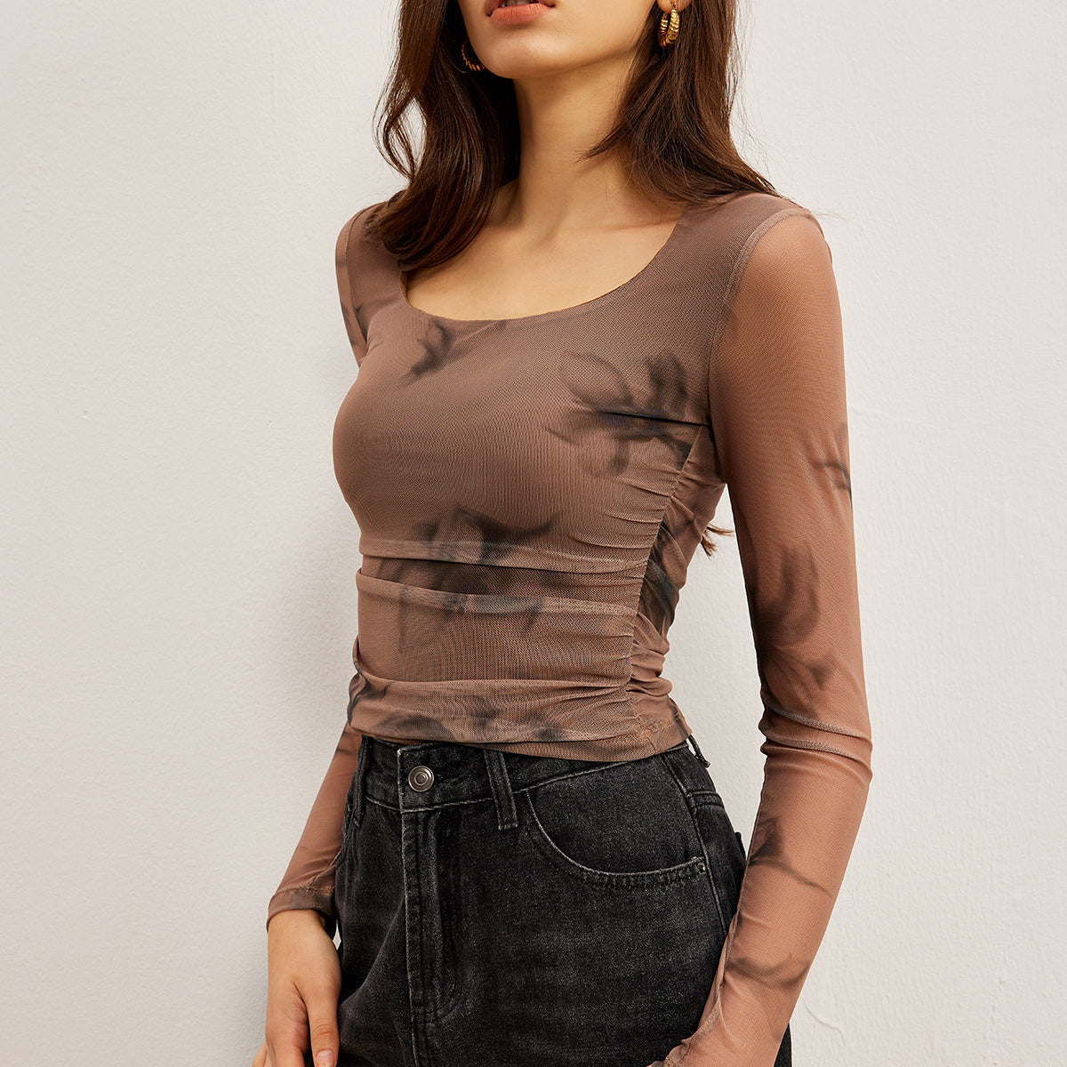 Batık Desenli Çiçek Baskılı File Bluz