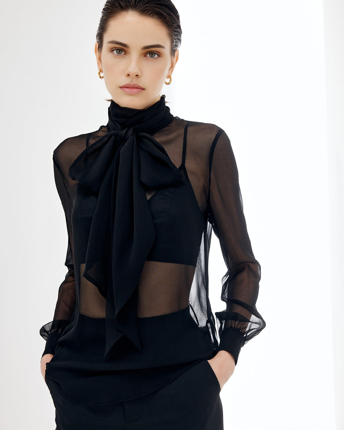 Şeffaf Fiyonk Detaylı Şifon Bluz