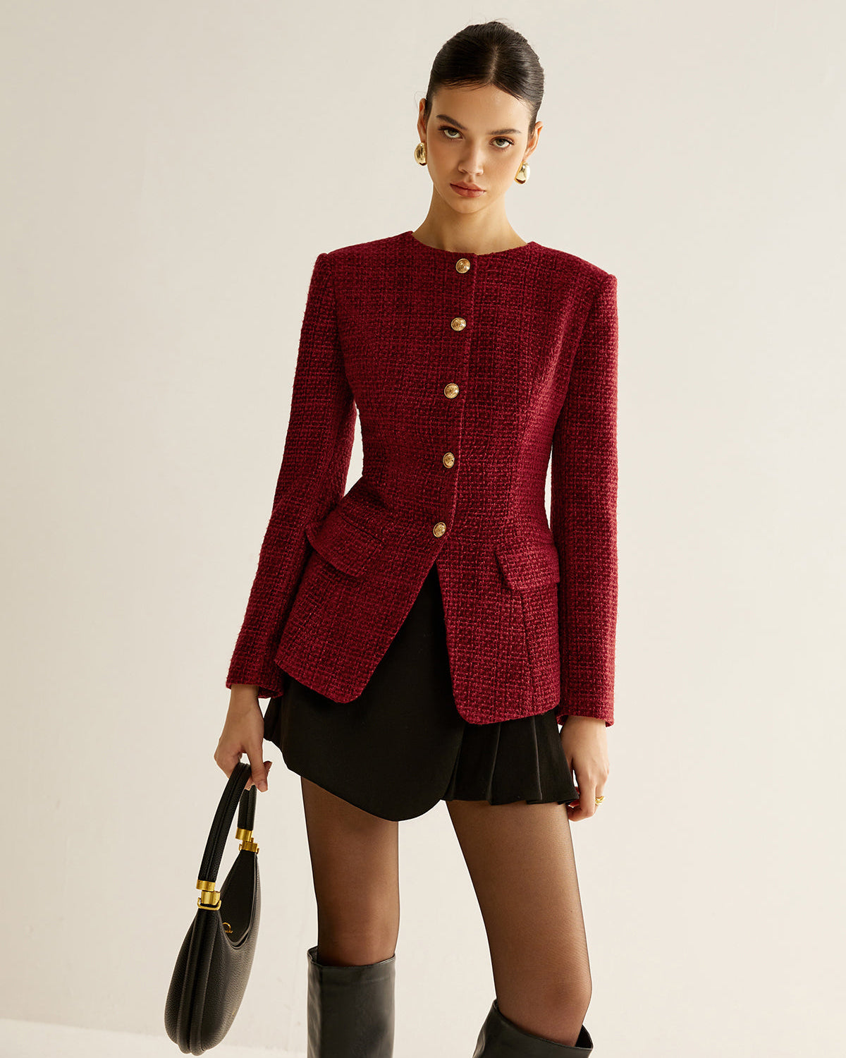 Düğmeli Yırtmaçlı Tweed Blazer Ceket