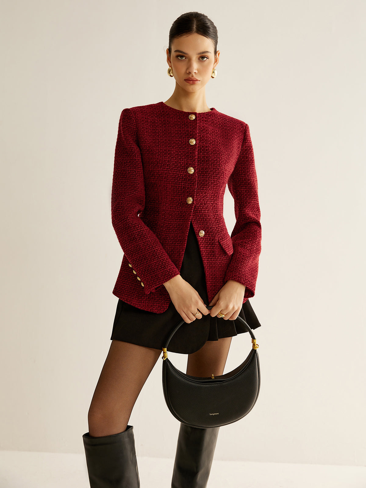 Düğmeli Yırtmaçlı Tweed Blazer Ceket