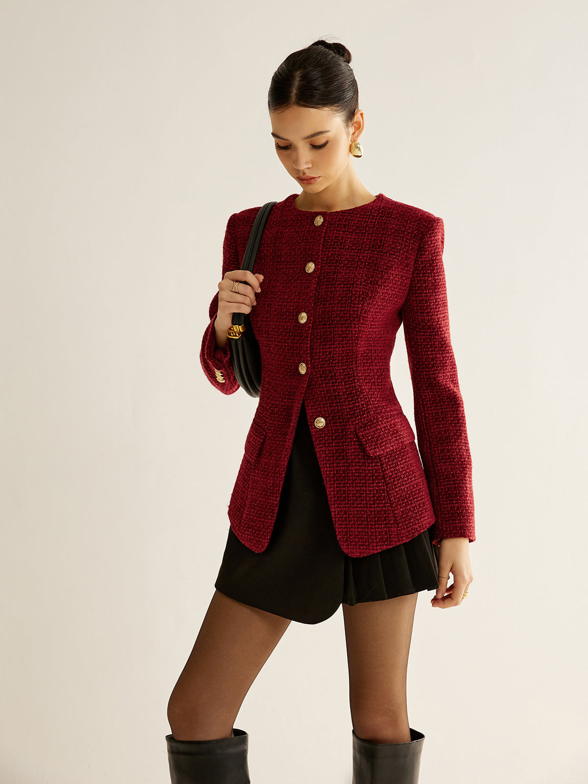 Düğmeli Yırtmaçlı Tweed Blazer Ceket