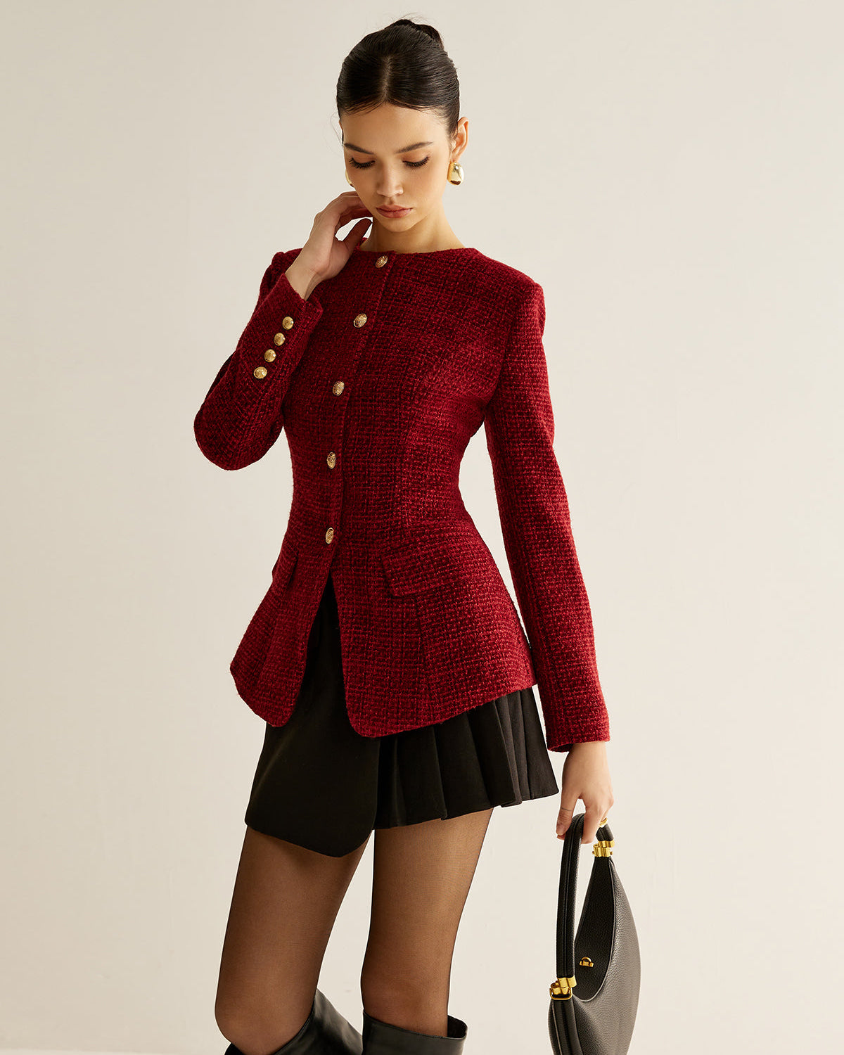 Düğmeli Yırtmaçlı Tweed Blazer Ceket