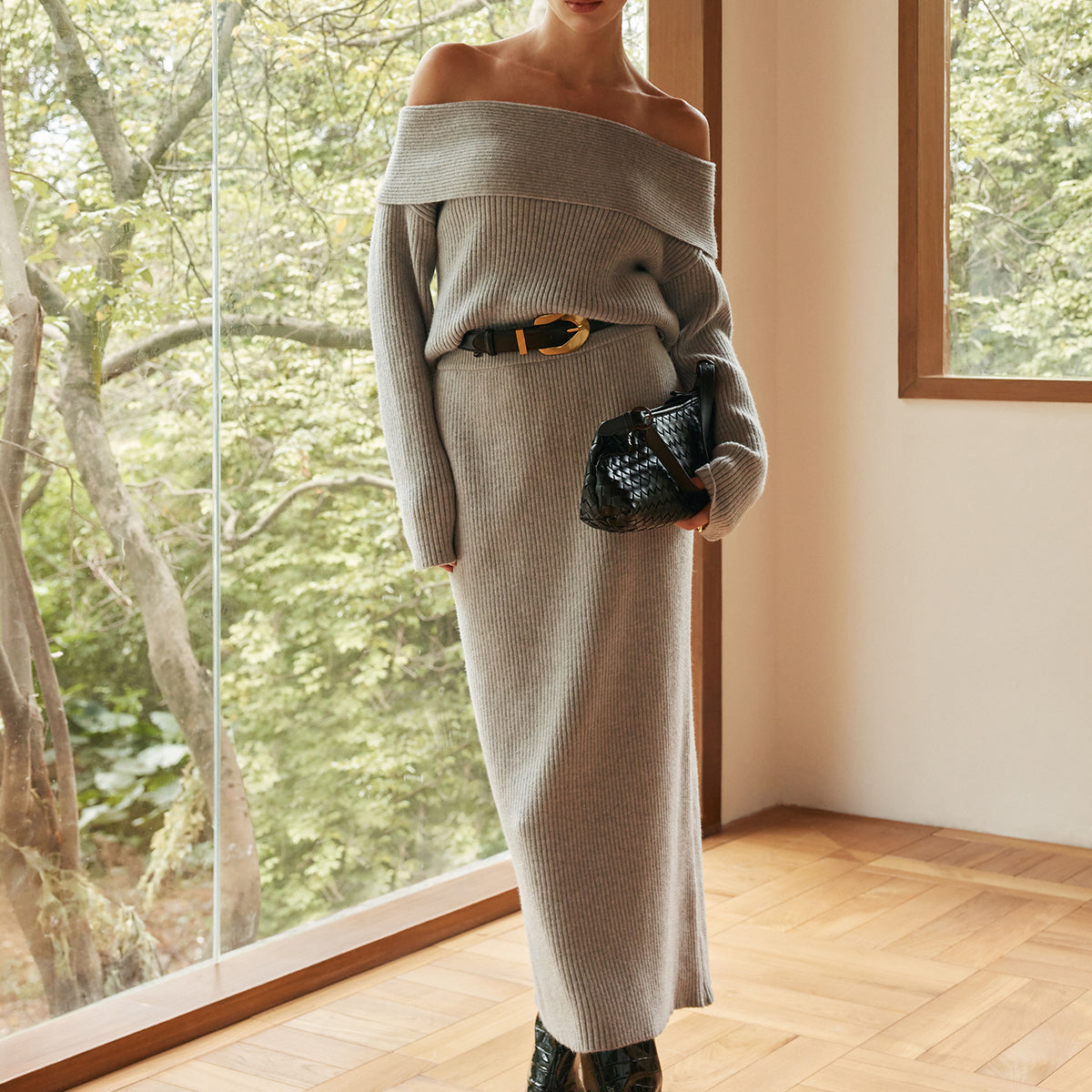 Kemersiz Ribana Omuz Açık Triko Takım