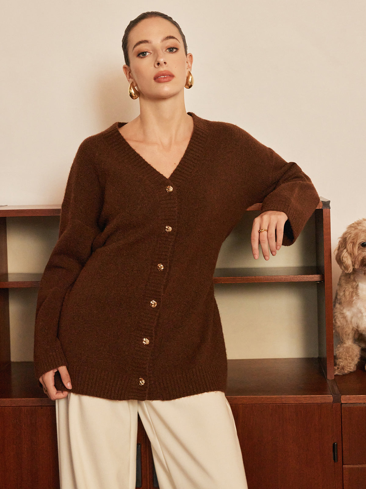 Yün Karışımlı Metal Düğmeli Kemerli Hırka