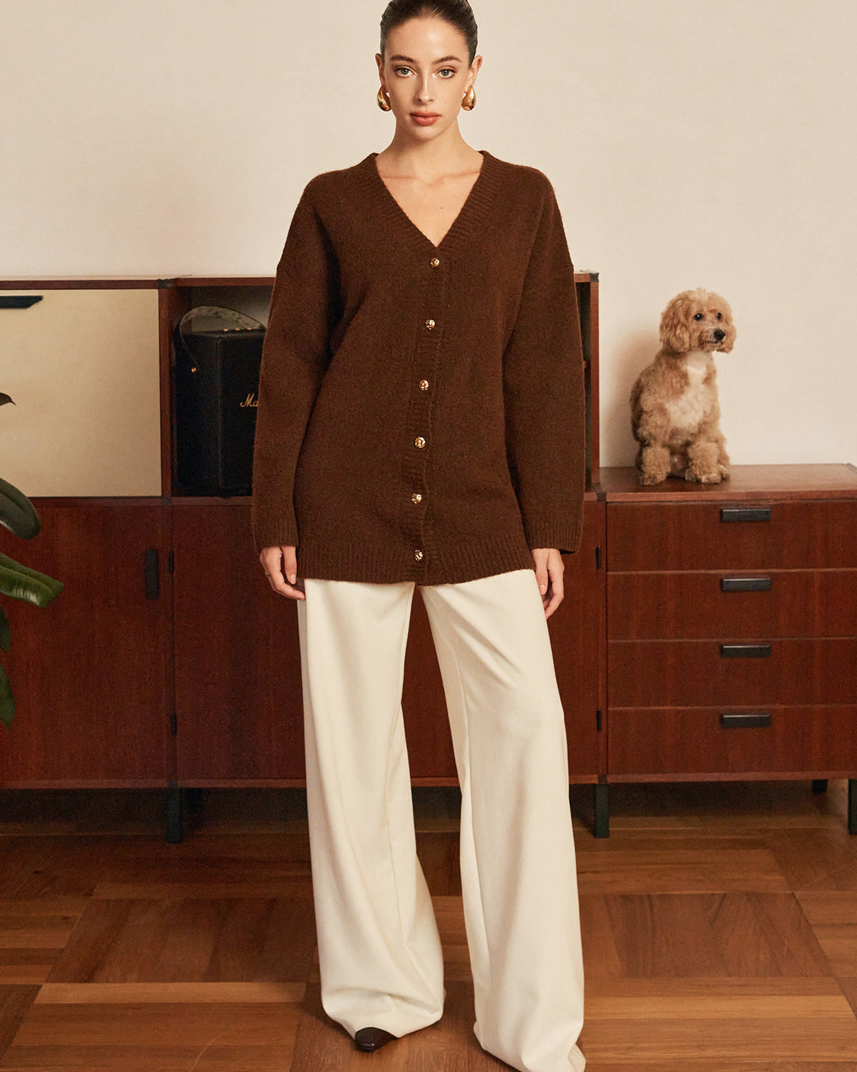 Yün Karışımlı Metal Düğmeli Kemerli Hırka