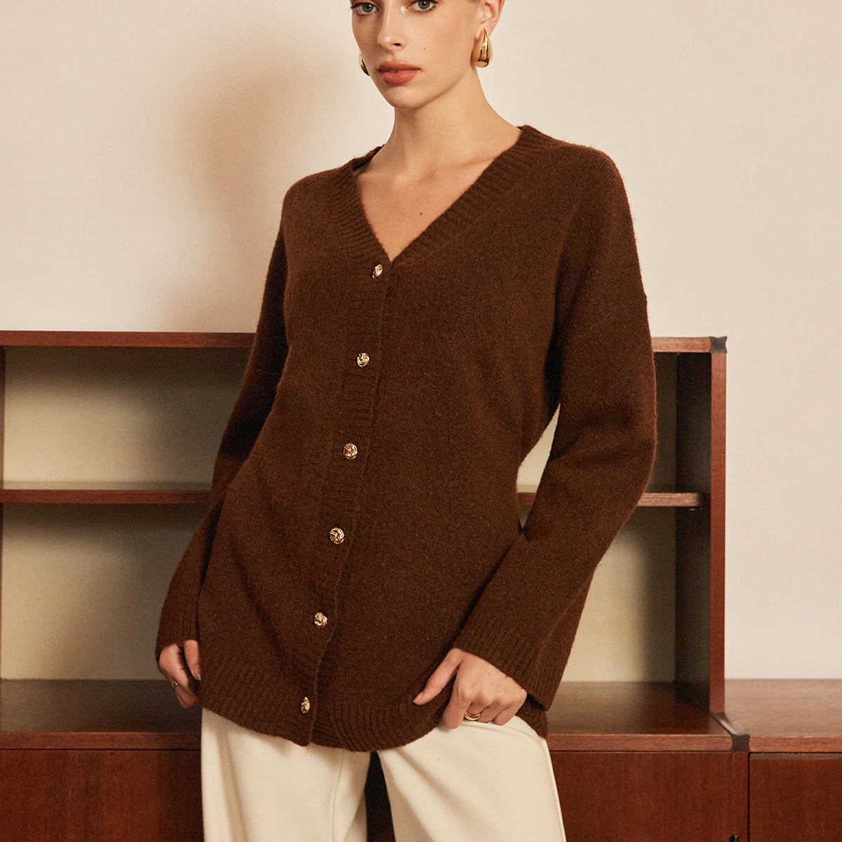 Yün Karışımlı Metal Düğmeli Kemerli Hırka