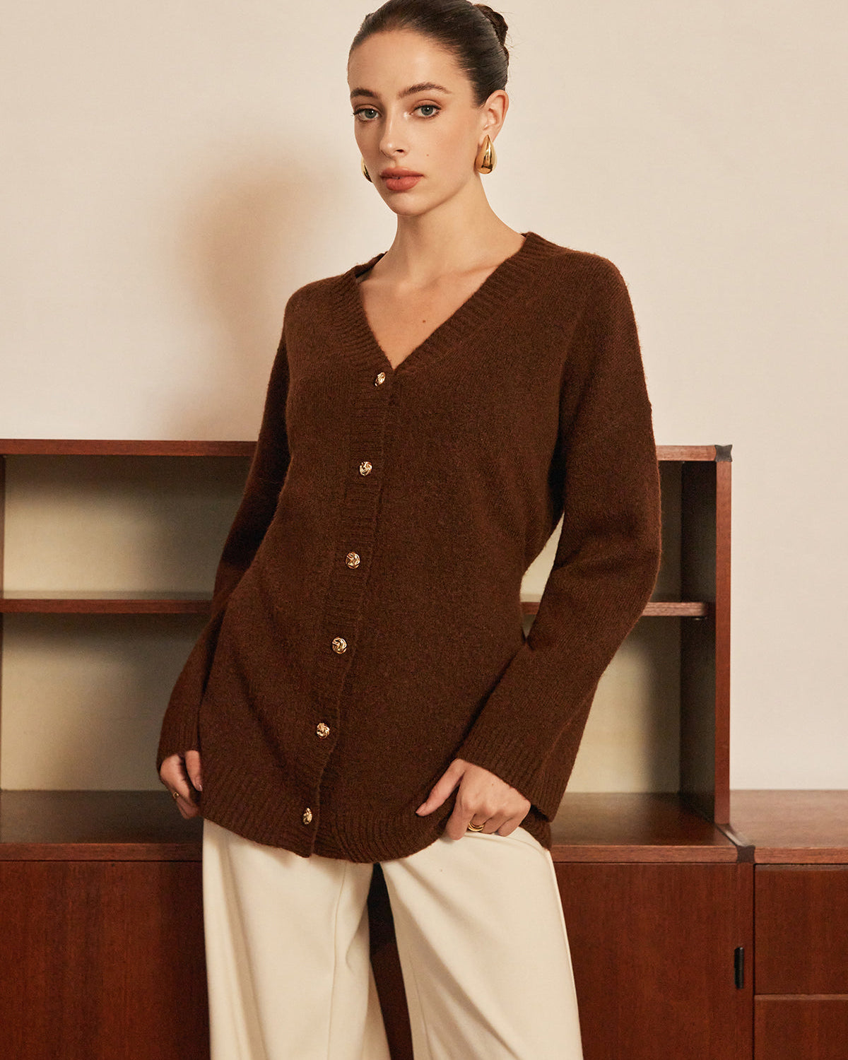 Yün Karışımlı Metal Düğmeli Kemerli Hırka