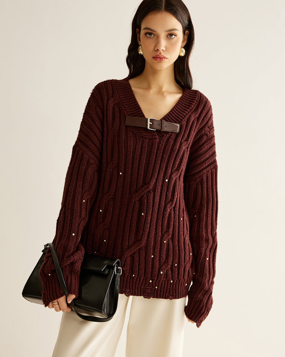 Tokalı Kemerli Boncuklu Triko Kazak