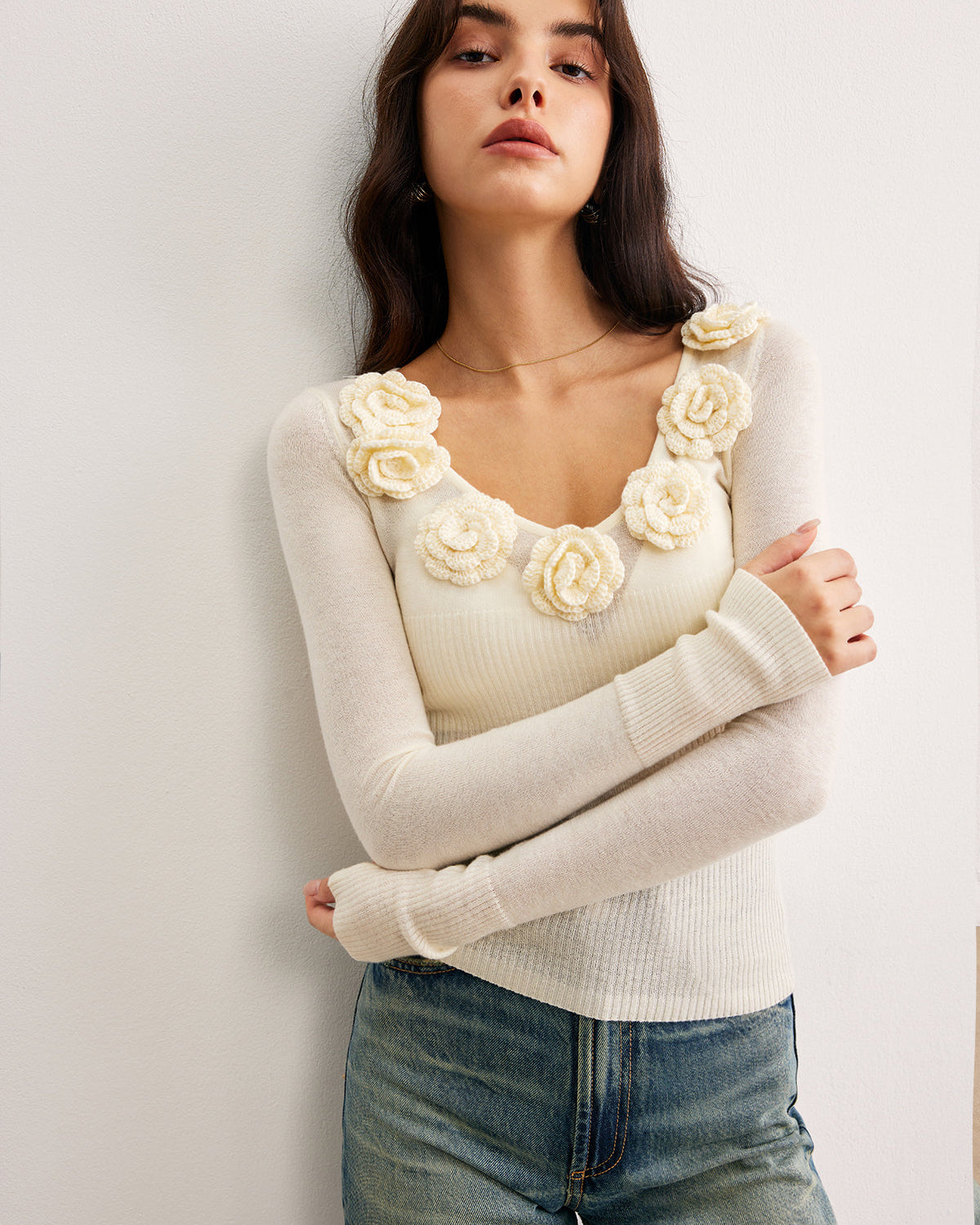 3D Çiçek Yarı Şeffaf Triko Üst