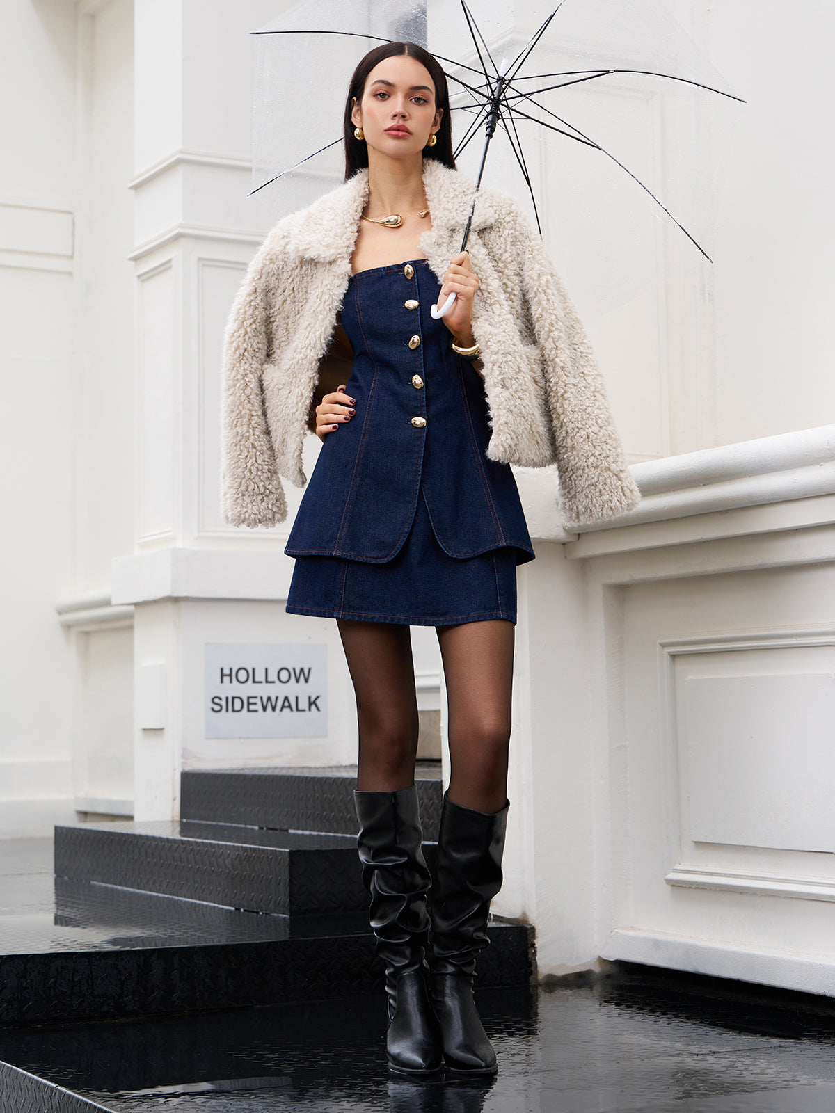 Düğme Detaylı Yırtmaçlı Denim Straplez Üst