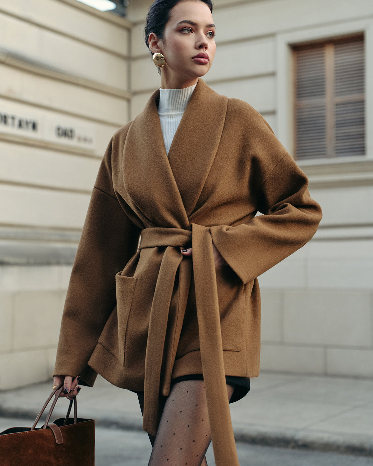 Kemerli Fonksiyonel Tweed Kaban