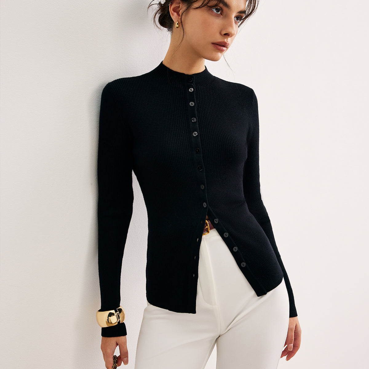 Düğmeli Dar Triko Kazak