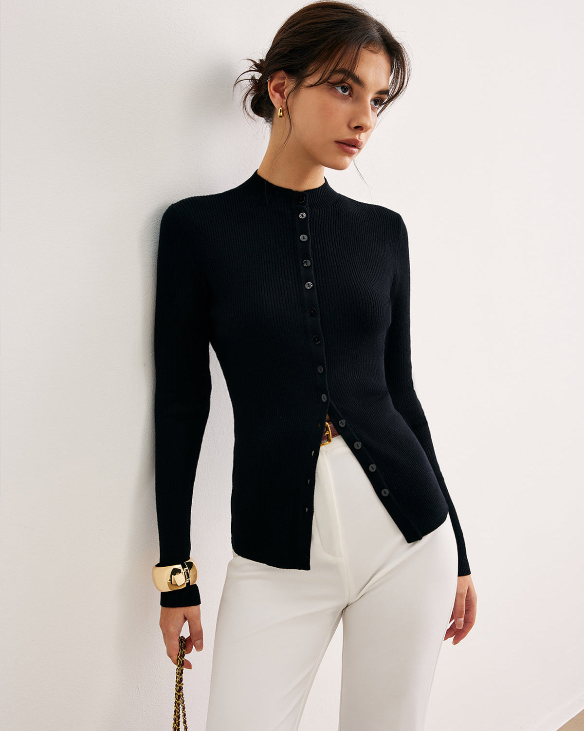 Düğmeli Dar Triko Kazak