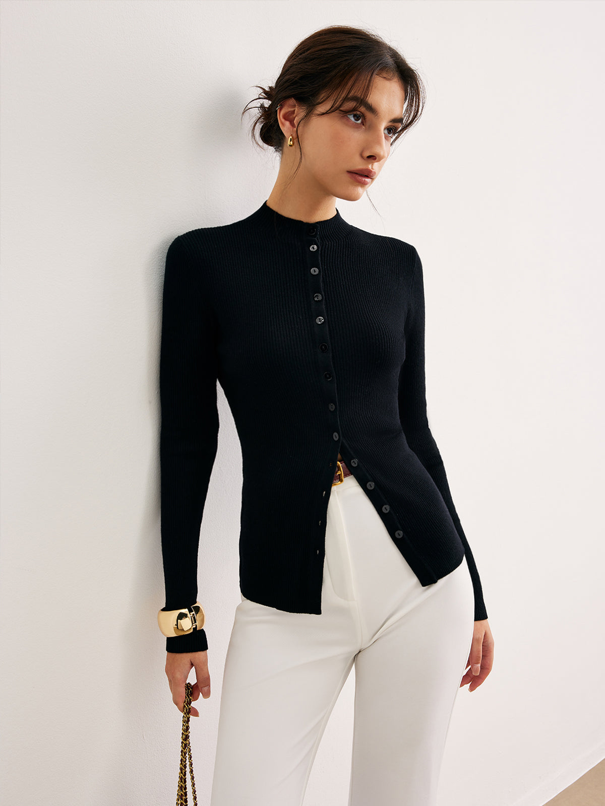 Düğmeli Dar Triko Kazak