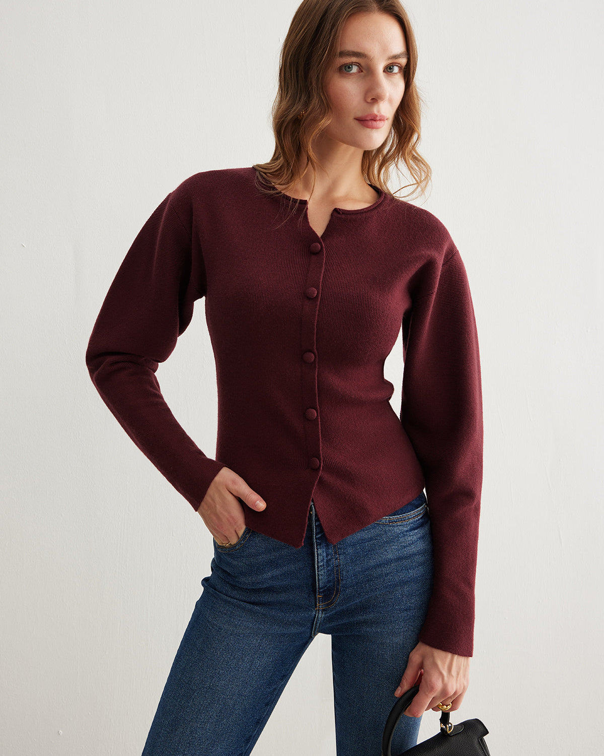 Ribanalı Düğme Detaylı Yırtmaçlı Kazak