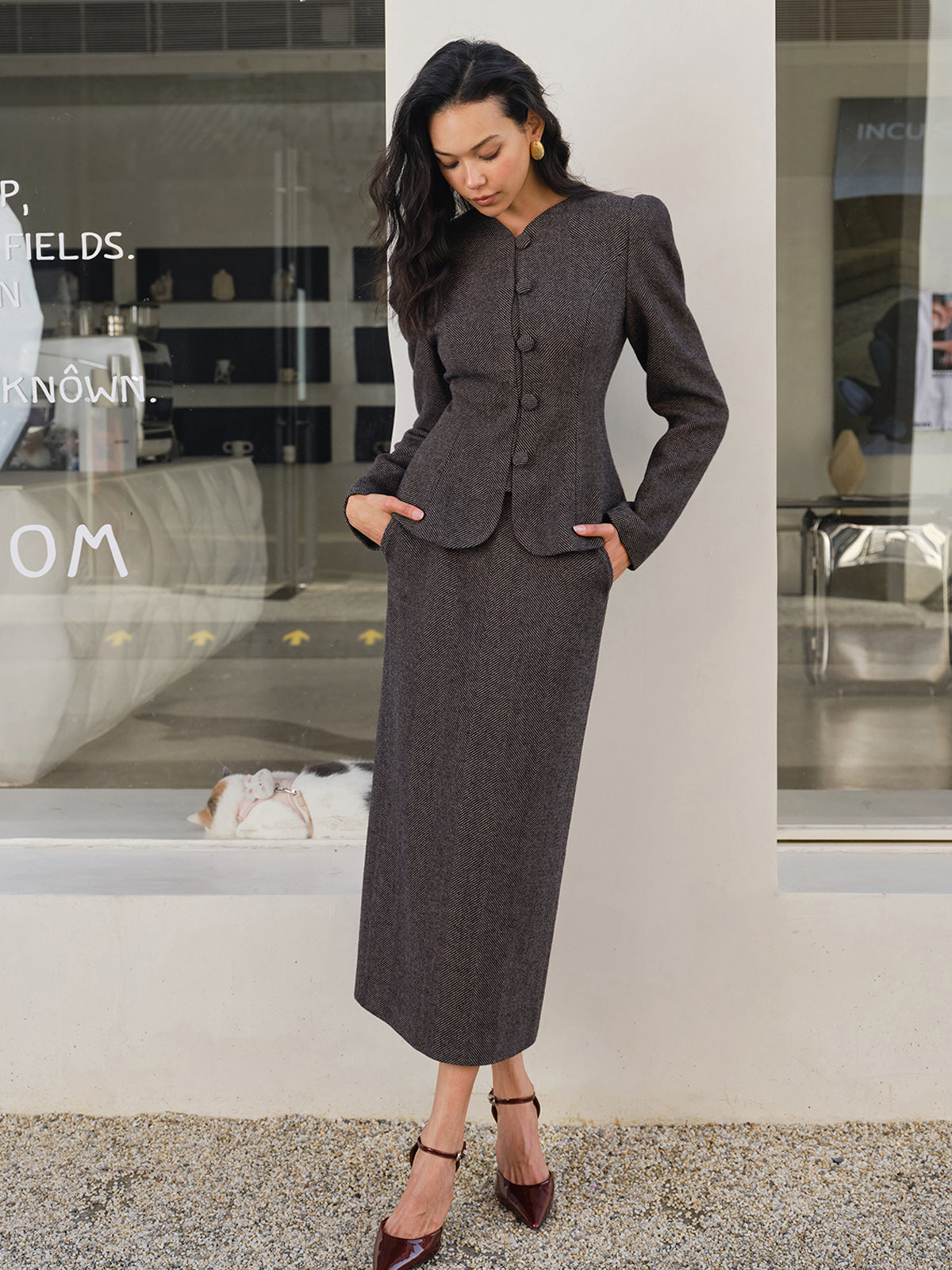 Şevron Desenli Yırtmaçlı Cepli Etek