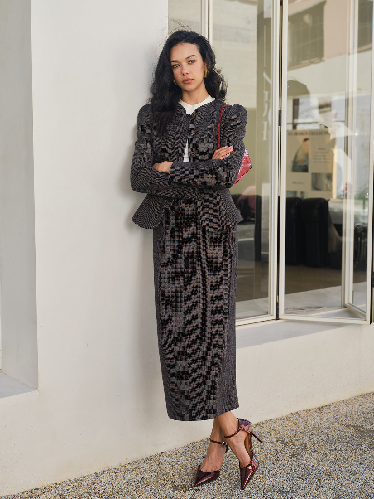 Şevron Desenli Yırtmaçlı Cepli Etek