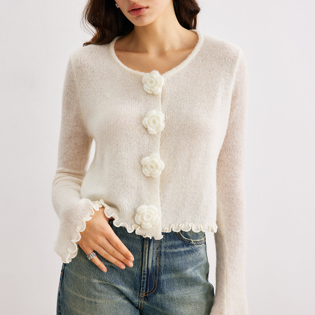 Yün Karışımlı Volanlı 3D Çiçek Detaylı Hırka