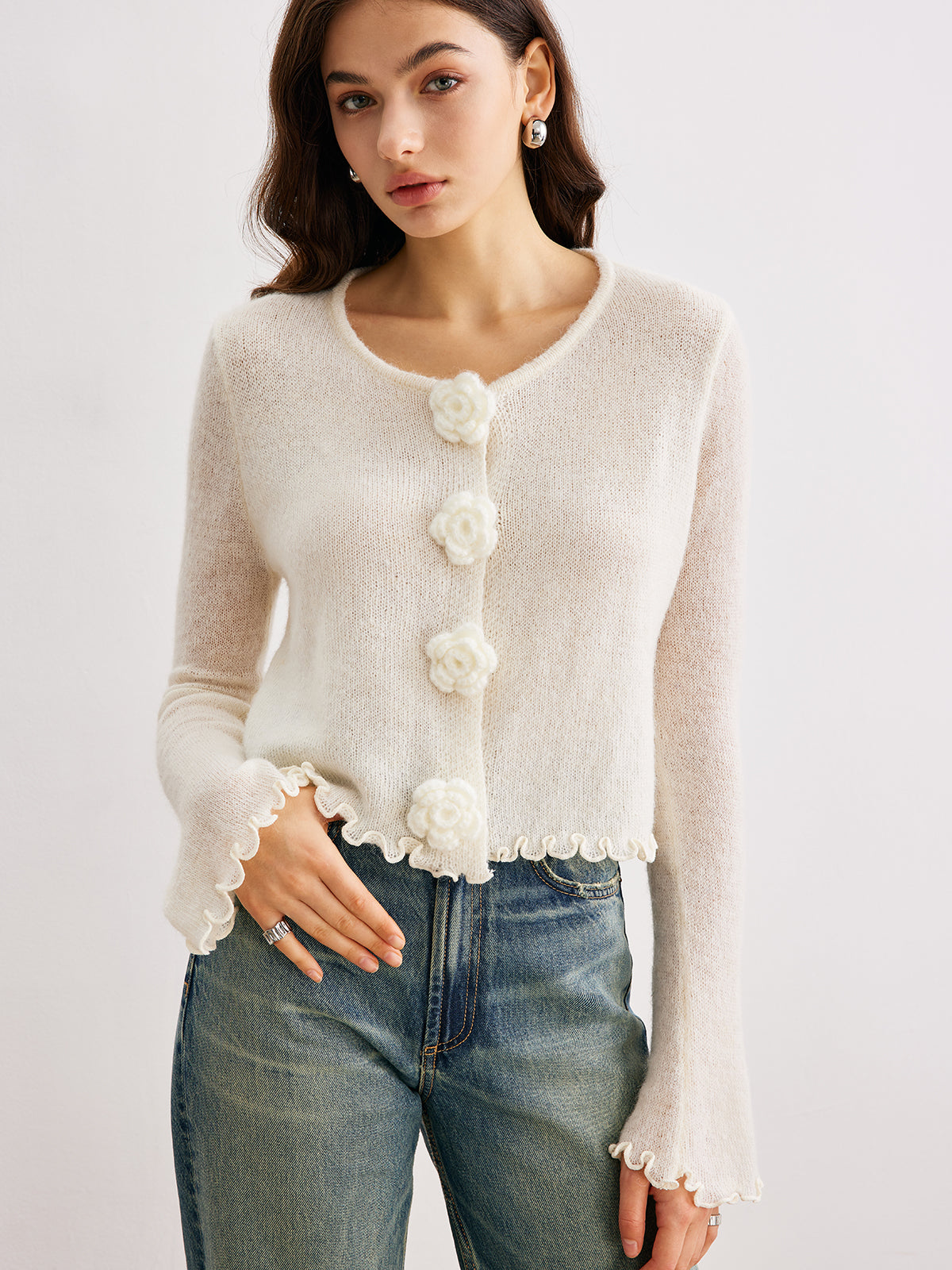 Yün Karışımlı Volanlı 3D Çiçek Detaylı Hırka