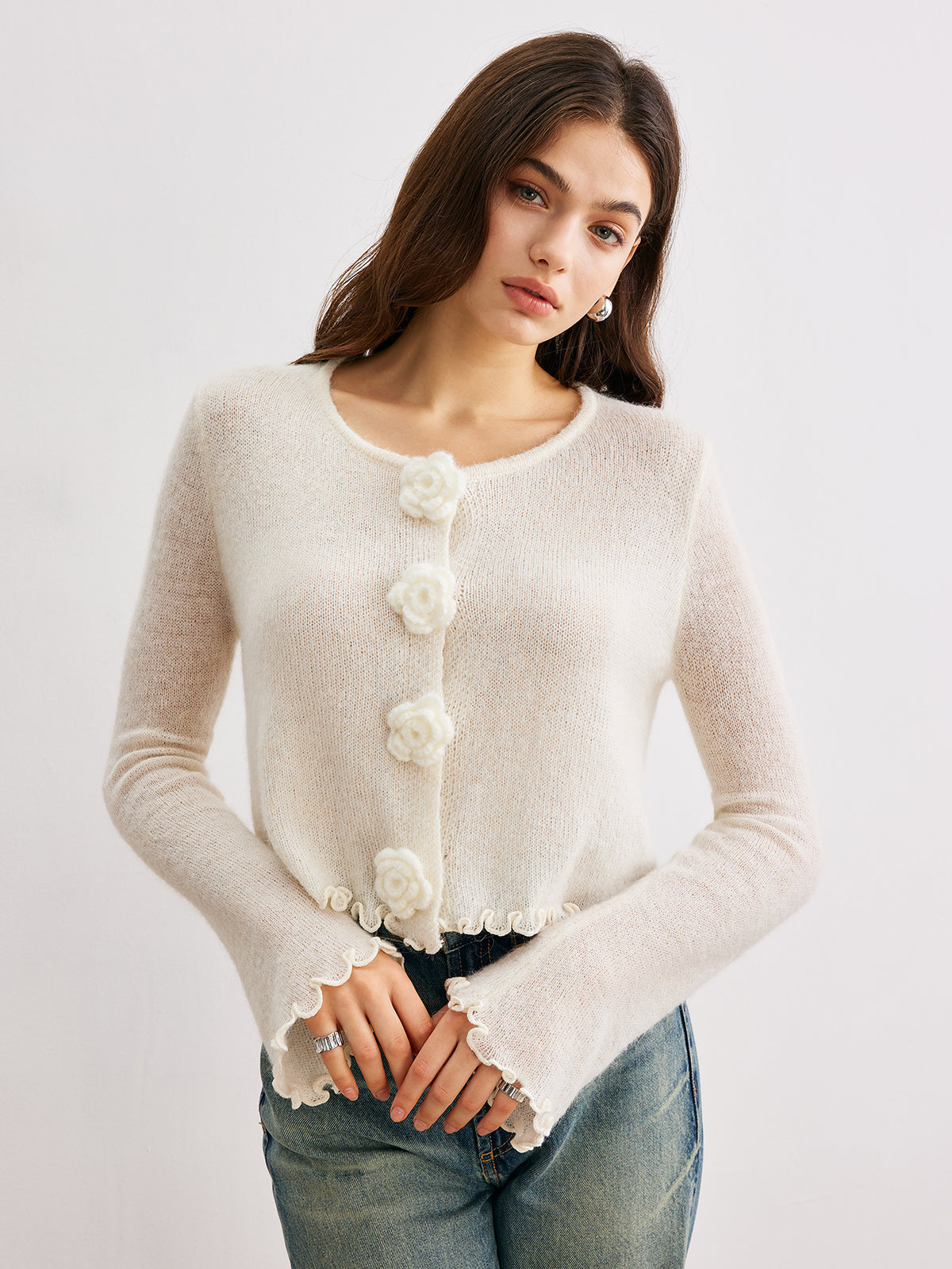 Yün Karışımlı Volanlı 3D Çiçek Detaylı Hırka