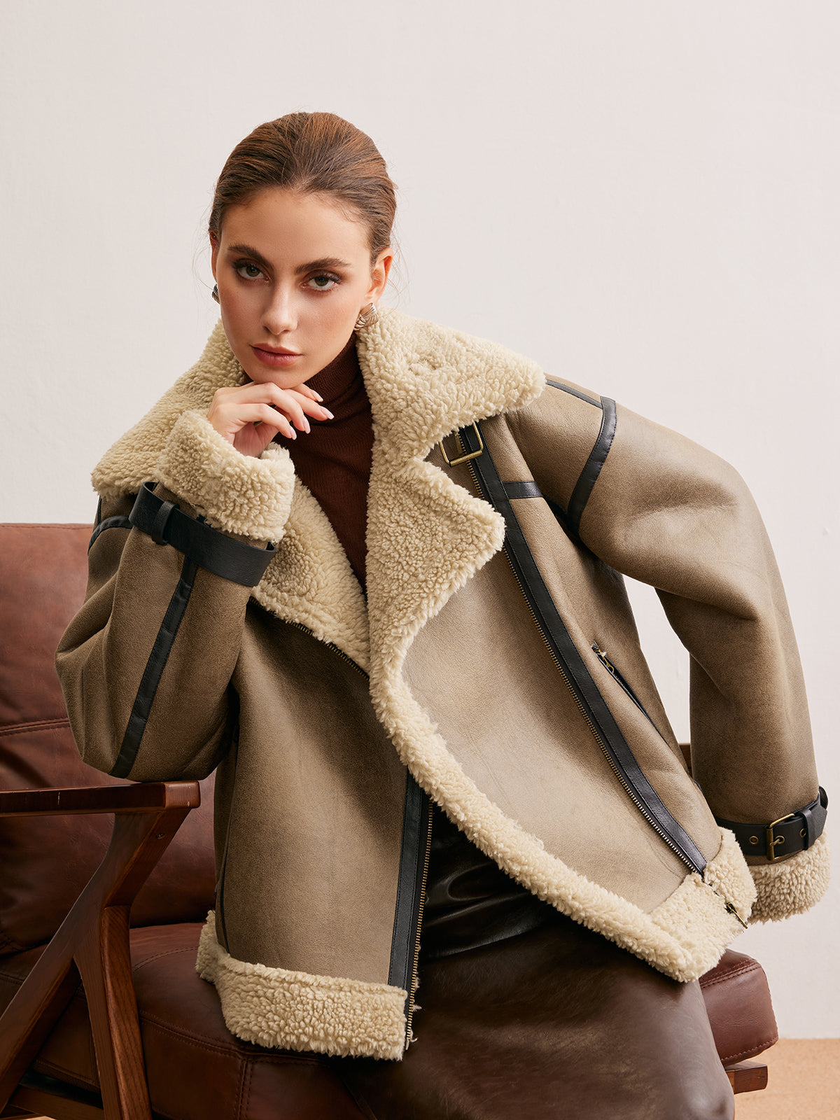 Suni Deri Fermuarlı Teddy Mont