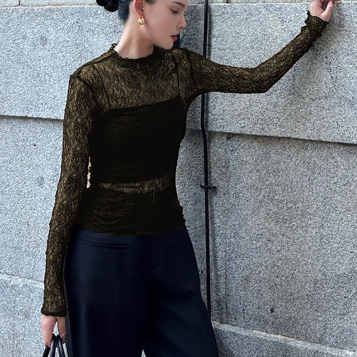 Yarı Transparan Dantel Panelli Jarse İkili Tişört