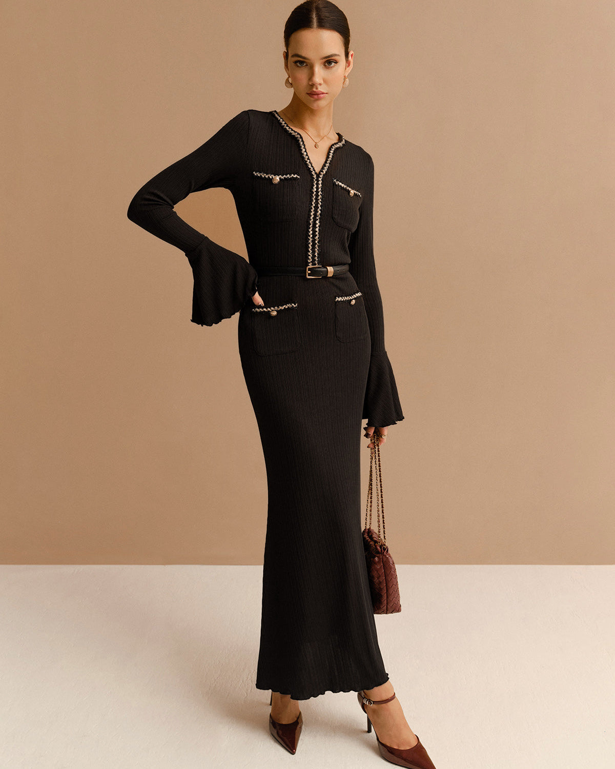 Zarif Kontrast Biyeli Fırfırlı Dar Elbise (Kemersiz)