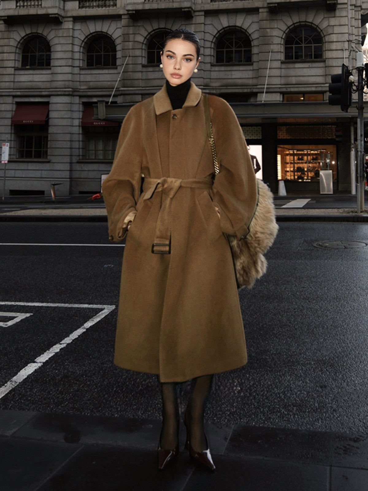 Düğmeli Kemerli Yaka Detaylı Uzun Kaban