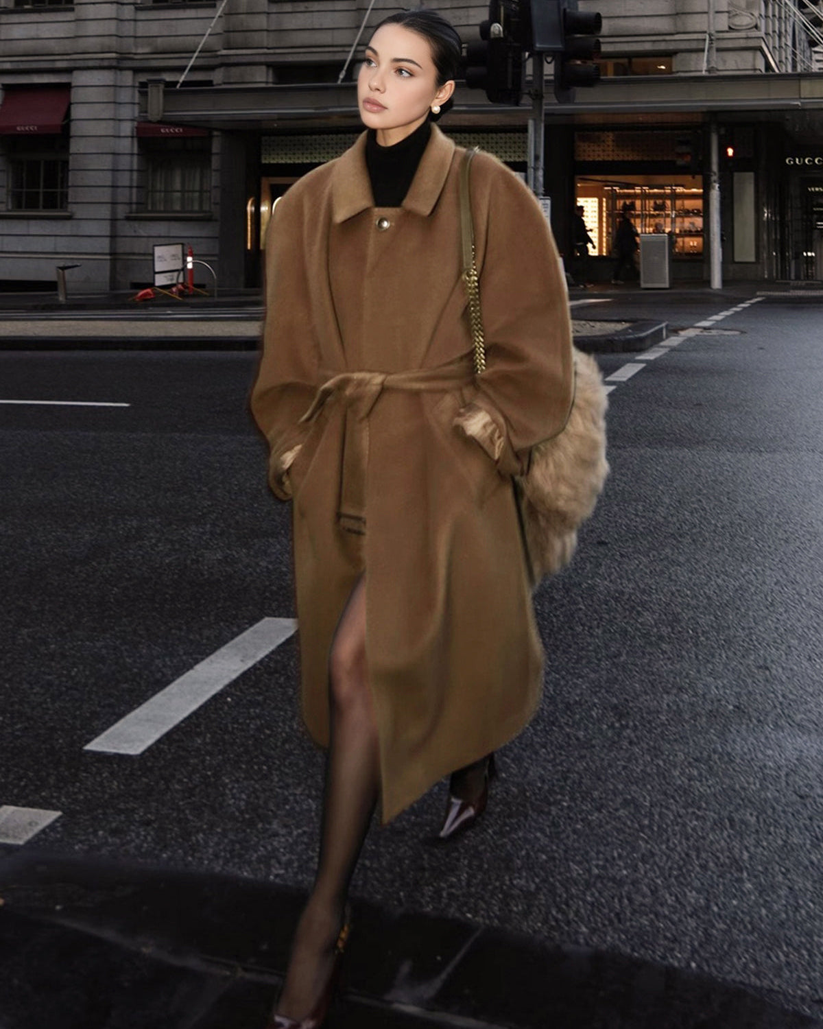 Düğmeli Kemerli Yaka Detaylı Uzun Kaban