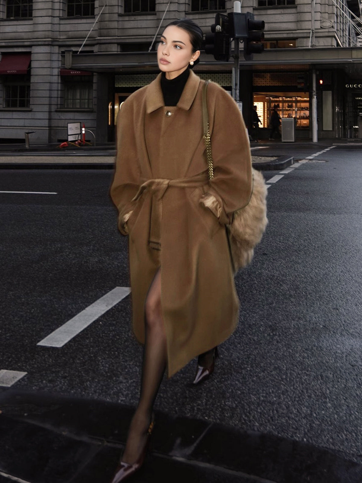 Düğmeli Kemerli Yaka Detaylı Uzun Kaban