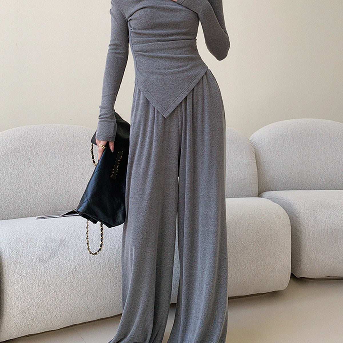 Asimetrik Drapeli Basic Pantolon Takım