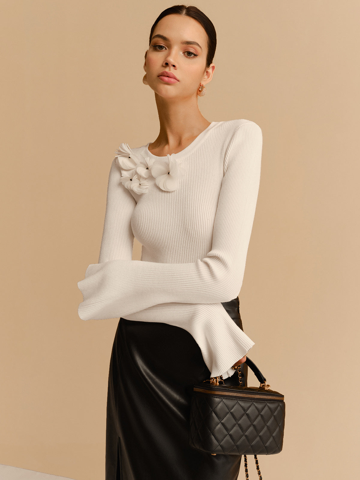 Çiçek Desenli Volan Kol Triko Üst