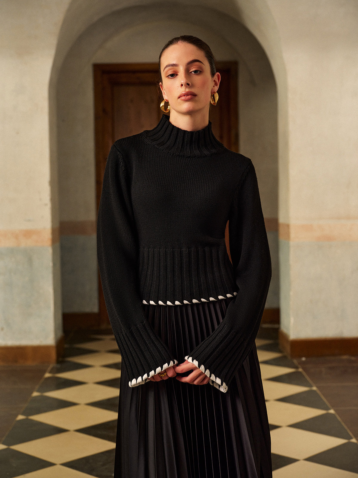 Yün Karışımlı Kontrast Biye Ribana Triko Bluz