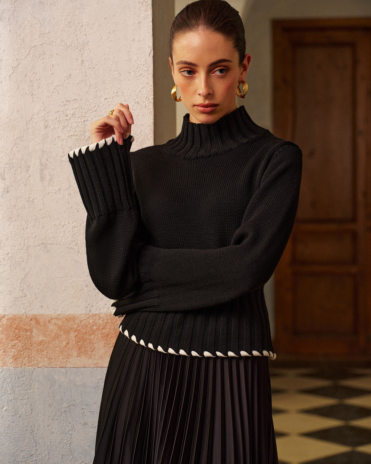 Yün Karışımlı Kontrast Biye Ribana Triko Bluz