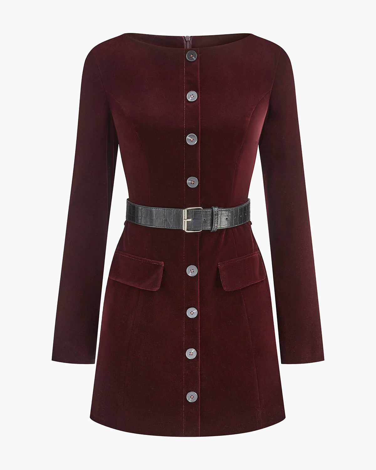 Kemerli Kadife Düğmeli Kısa Elbise