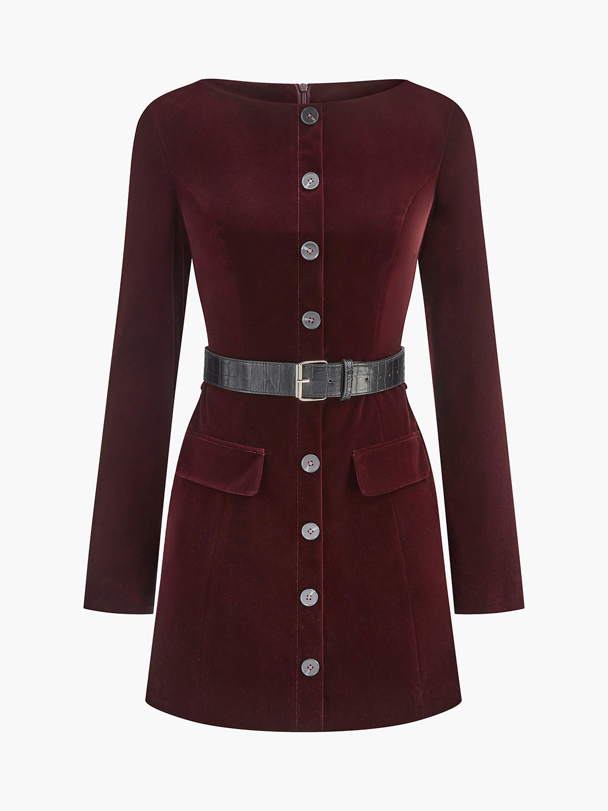 Kemerli Kadife Düğmeli Kısa Elbise