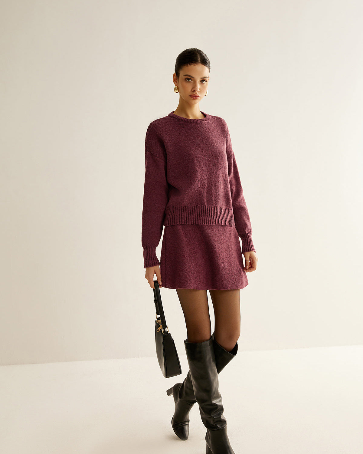 Minimalist Düz Yumuşak Triko Etekli Takım