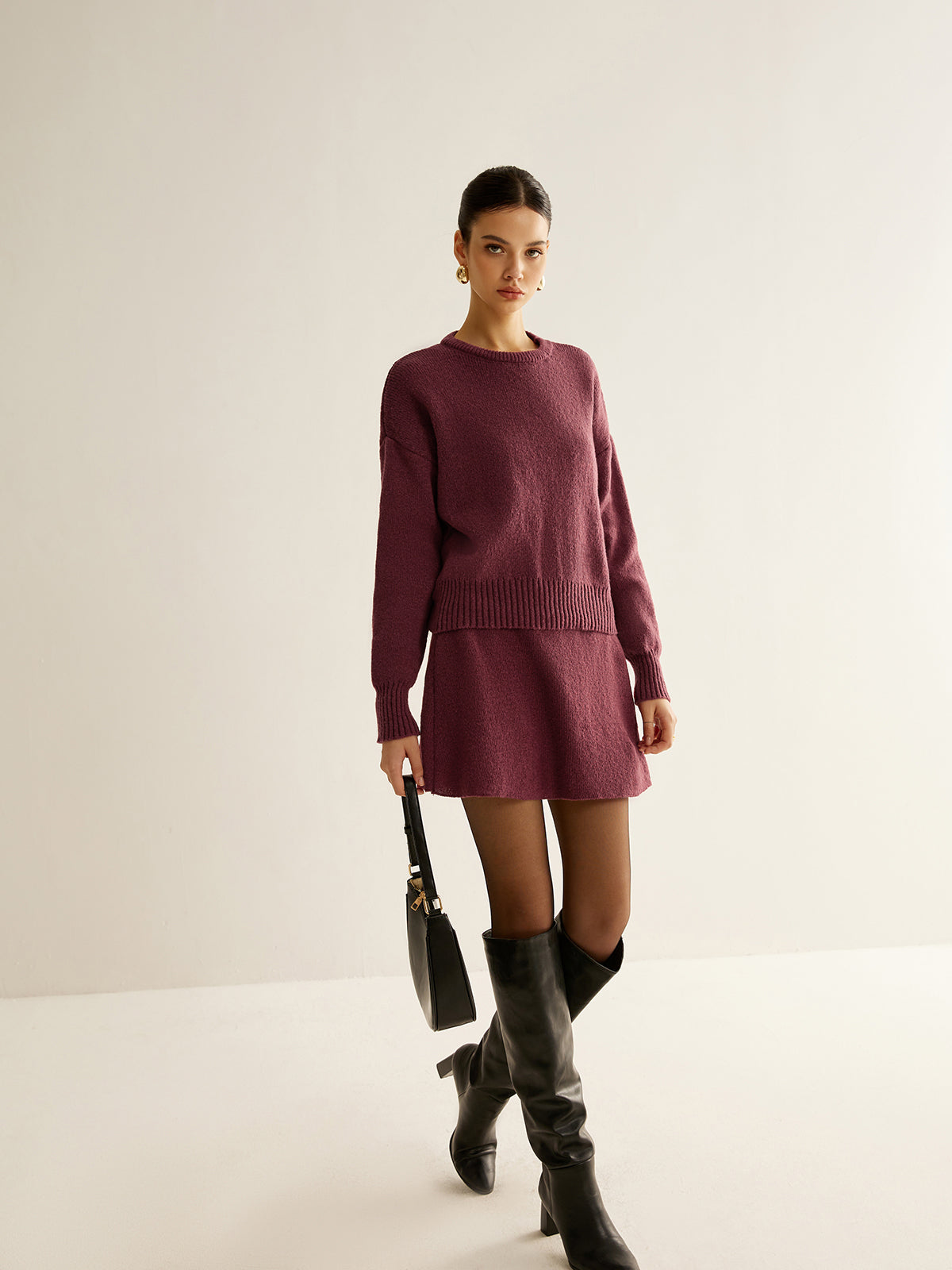 Minimalist Düz Yumuşak Triko Etekli Takım