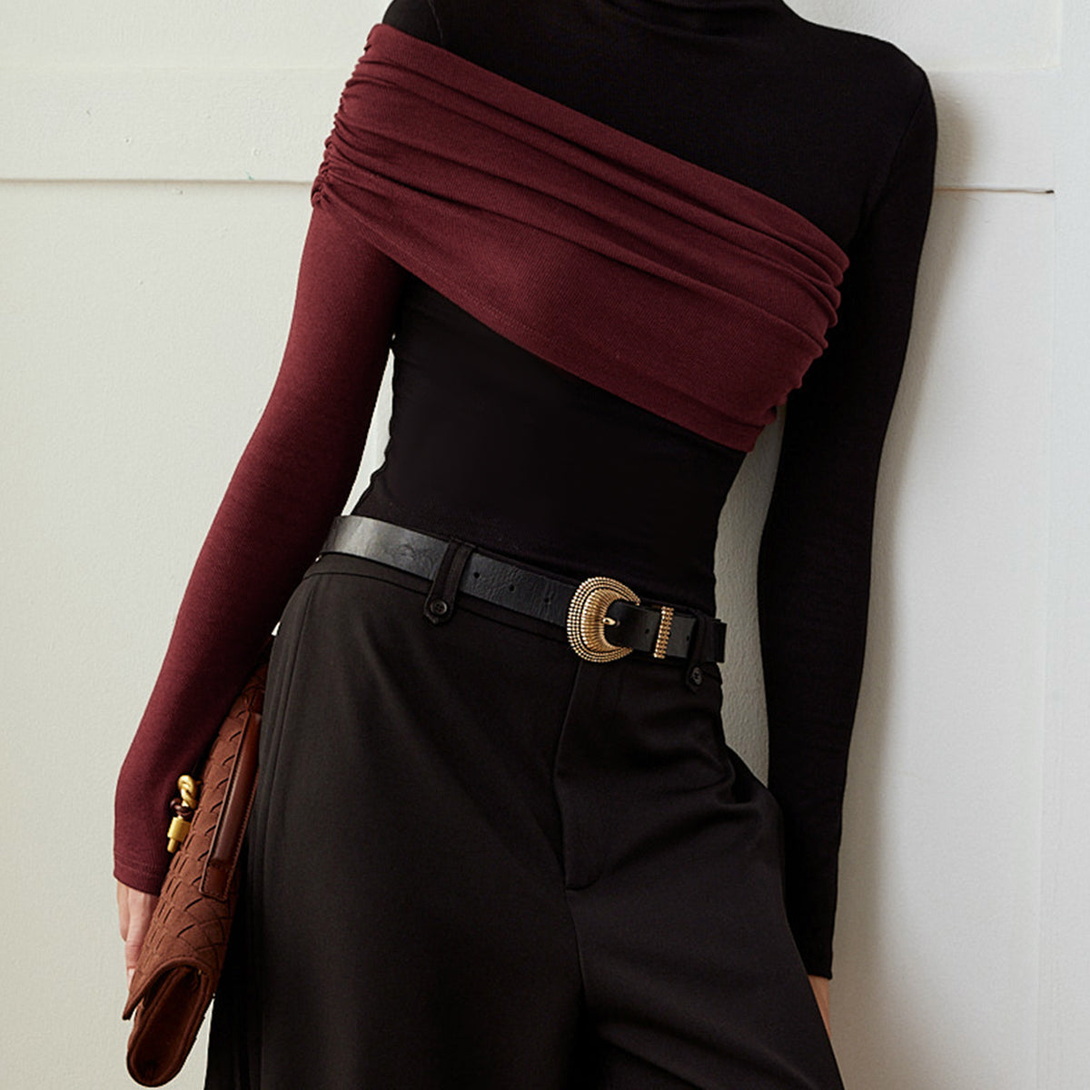 Renk Bloklu Pliseli Jersey Dar Bluz